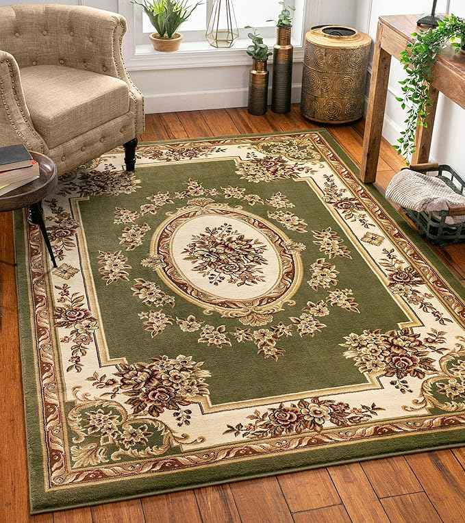 Well Woven Timeless Collection Le Petit Palais Green 9x13 Luxurious Traditional French Aubusson Medallion Oriental Area Rug Perfect for Living Room Bedroom or Dining Room Easy-to-Clean Durable Design