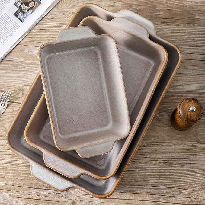 HVH 9x13 Baking Dish Set, Large Casserole Dishes for Oven, Ceramic Bakeware Set of 3, Rectangular Lasagne Pan Deep for Baking (Sand Color)