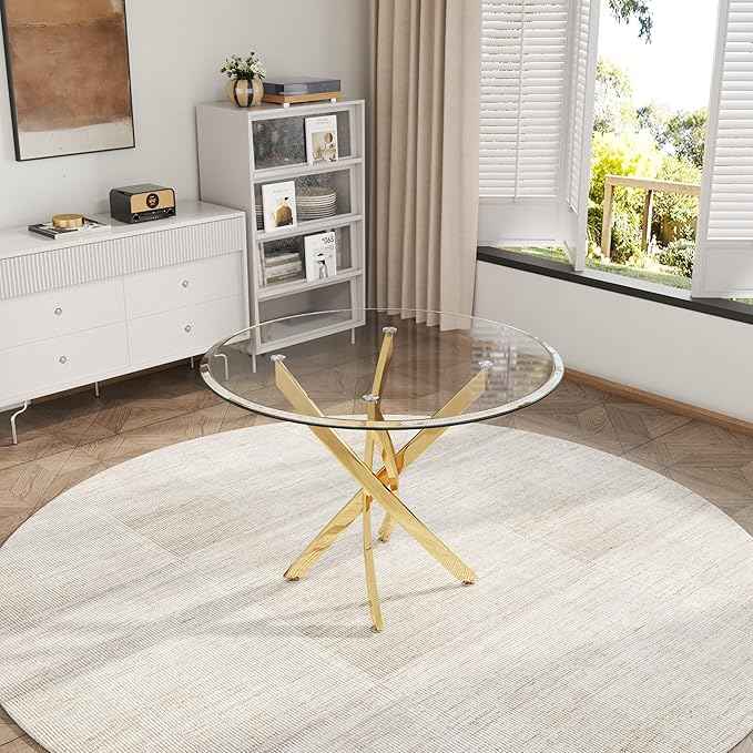 AF ARTISAN FURNITURE 5 Piece Round Glass Dining Table Set, Gold Glass Kitchen Table Set for 4 Modern Table Set with 4 Black PU Upholstered Dining Chairs, for Small Space, Breakfast Nook