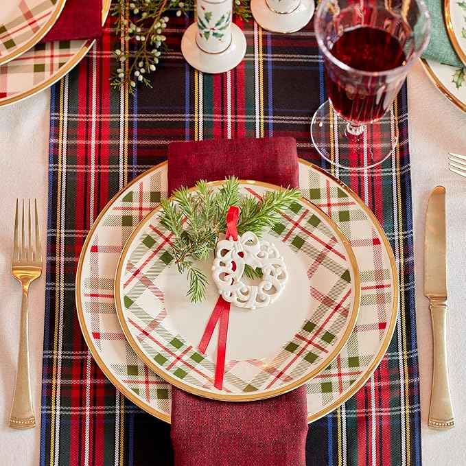 Lenox 894966 Holiday Plaid Dinner Plates, Set of 4, Red & Green, Christmas Dinnerware, Hosting