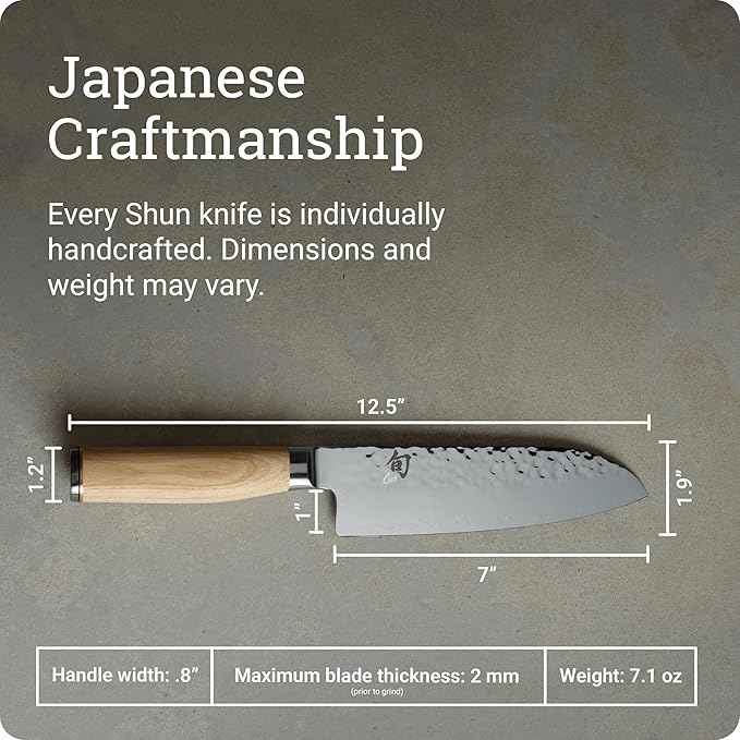 Shun Premier Blonde 7" Santoku Knife, Handcrafted and Hand-Sharpened Japanese All Purpose Knife, VG-MAX Core with Damascus Stainless Steel Cladding, Pakkawood Handle, Versatile Japanese Cutting Tool