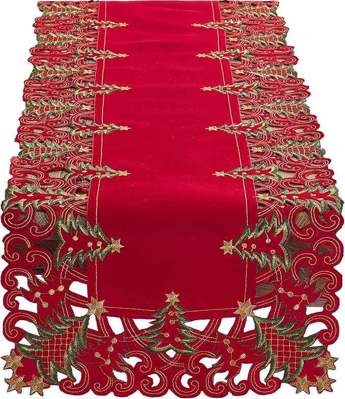 Fennco Styles Pandoro Collection Holiday Embroidered Christmas Tree Cutwork Border 16 x 90 Inch Table Runner – Red Table Runner for Christmas Dinner, Family Gathering, Special Events and Home Décor