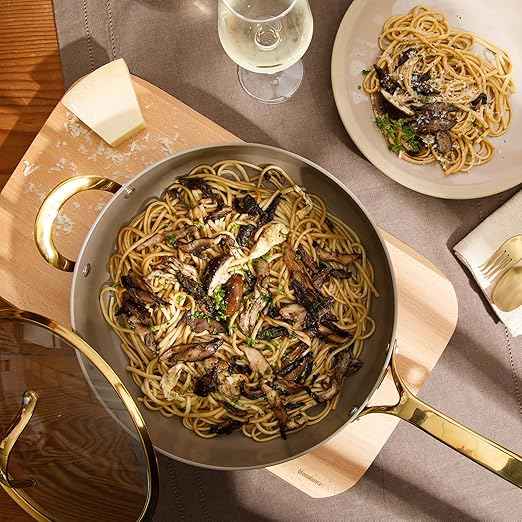 Bloomhouse - Two Time Oprah's Favorite Things Winner - 6 QT Heavy Duty Aluminum Premium PFA Free Ceramic Nonstick Saute/Deep Frying Pan Skillet with Lid - Cappuccino Cream with Gold Handle