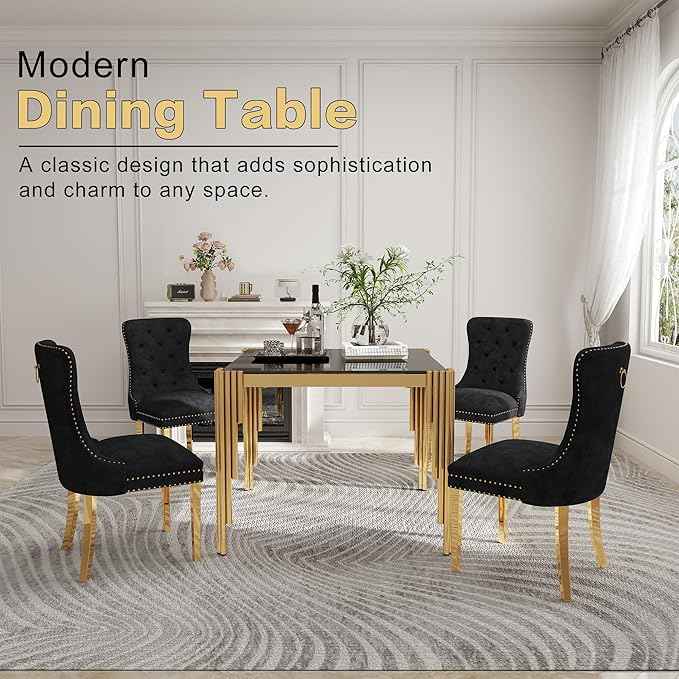 35'' Modern Square Glass Dining Table for 4 People,Black Tempered Glass Top Dining Room Table with Stainless Steel Base, Glass and Gold Dining Table for 4, Rectangle Dining Kitchen Table for Dinner