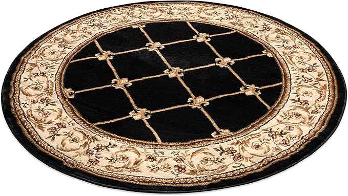 Well Woven Timeless Collection Fleur De Lis Black 5' Foot Round Luxurious Traditional French Aubusson Oriental Area Rug Perfect for Living Room Bedroom or Dining Room Easy-to-Clean Durable Design