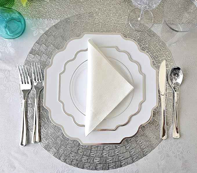 " OCCASIONS " 200 Piece set (25 Guests)-Wedding Plastic Plates & cutlery -Disposable heavyweight Dinnerware 10.5'', 8'' + Silverware + 10oz Cups + Napkins (Imperial in White & Silver Rim)