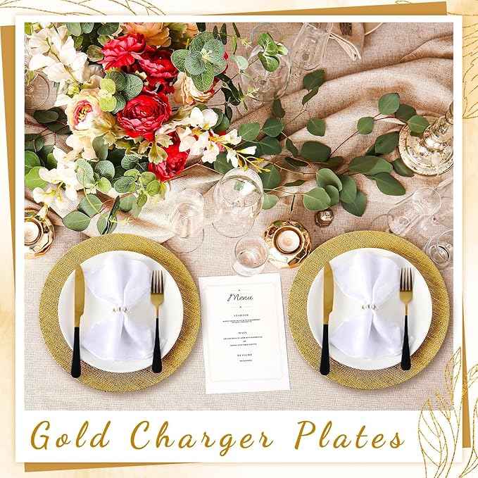 Tanlade 12 Pcs Charger Plates Bulk 13 Inch Plastic Texture Strip Wedding Chargers Floral Decorative Plates with Metallic Ruffled Rim for Wedding Party, Holiday Event Supplies(Gold)