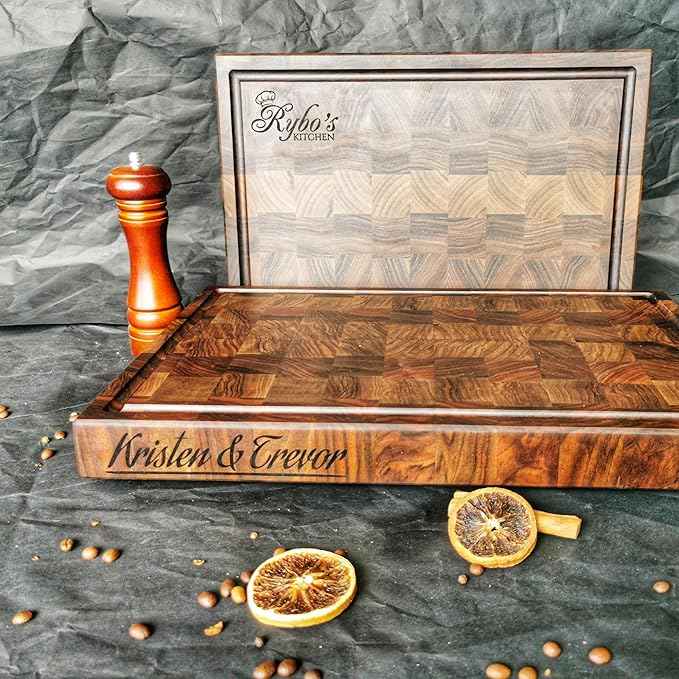 Personalized End Grain Walnut Cutting Board, GrainWoods Handcrafted Wood Kitchen Chopping Block (15x9x2 Inches)