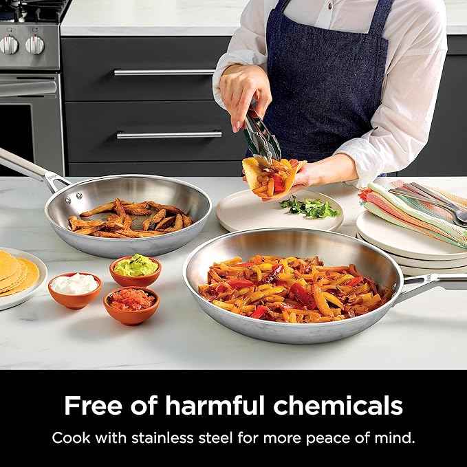 Ninja EverClad Commercial-Grade Stainless Steel 10.25" Fry Pan, Tri-Ply Pans, Oven Safe to 600°F, All Stovetops & Induction Compatible, Stainless, C90026