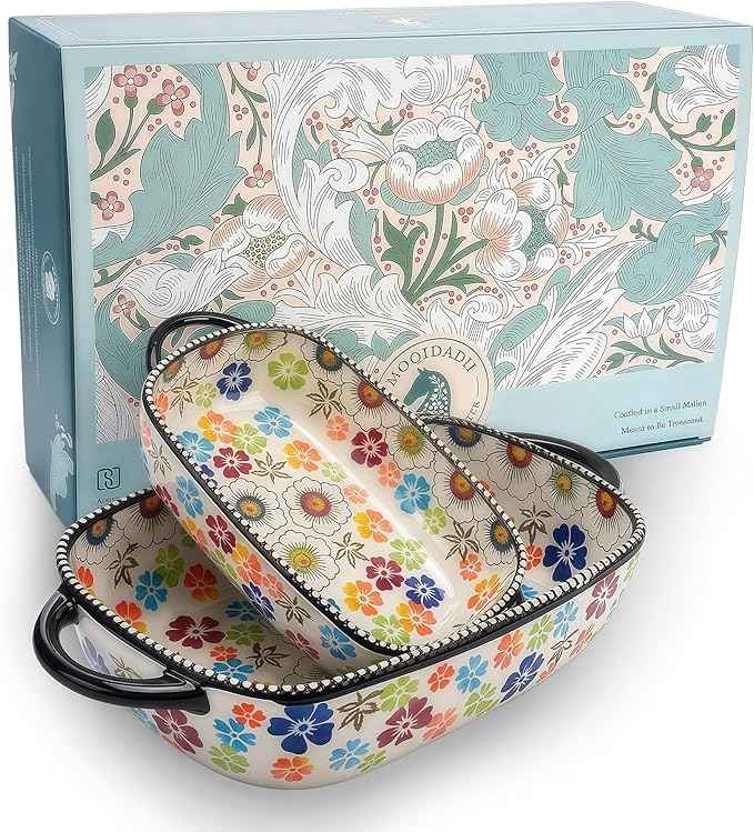 Polish Pottery Style Ceramic Baking Dish Set, 2-Piece Casserole Bakers for 2–3 People, Floral Decorative Bakeware, Oven Safe Lasagna Pan, Microwave Dishwasher Safe, Gift-Ready, Protective Packaging