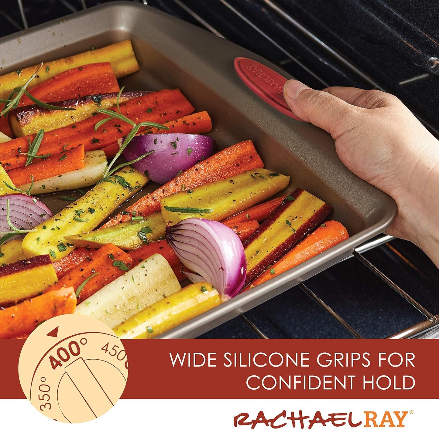 Rachael Ray Cucina Bakeware Set Includes Nonstick Cake Cookie Baking Sheet and Muffin Cupcake Pan, 4 Piece, Latte Brown with Cranberry Red Grips