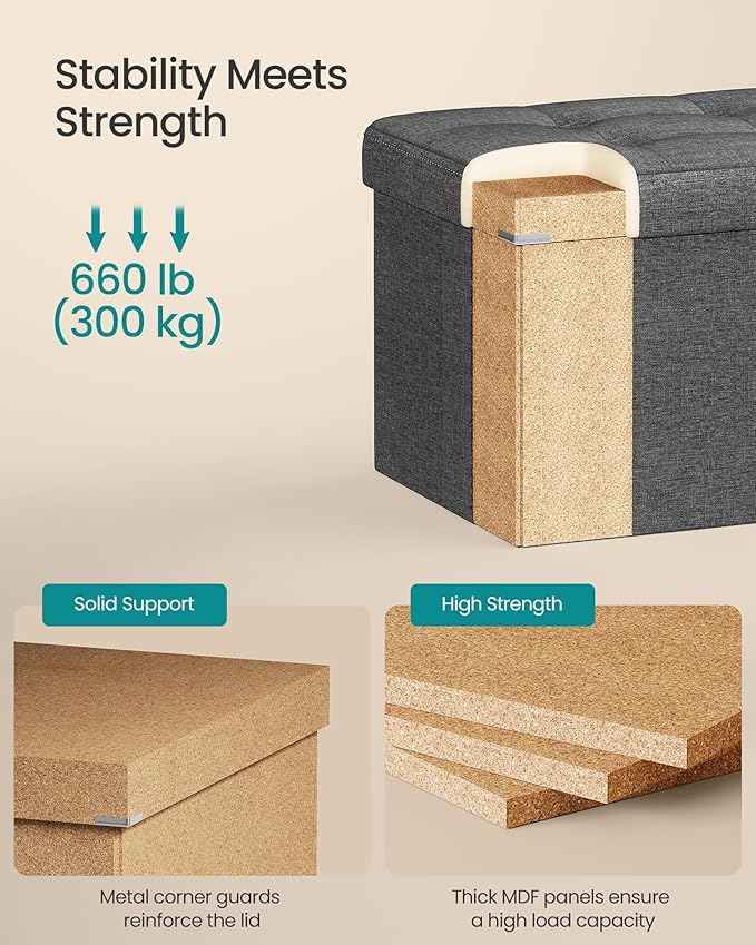 SONGMICS MAZIE Collection - 30 Inches Folding Storage Ottoman Bench, Ottoman Foot Rest, End of Bed Bench, Storage Chest, Load 660 lb, for Living Room, Bedroom, Entryway, Dark Gray ULSF47K