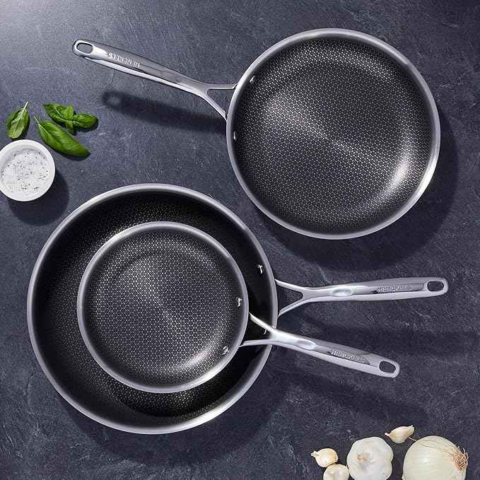 HENCKELS Paradigm 5-pc Cookware Set, Nonstick Frying Pan and Silicone Utensil Set, 3-Ply Stainless Steel Skillets for Induction Cooktop, Gas & Electric Stovetops – Dishwasher Safe & Oven Safe