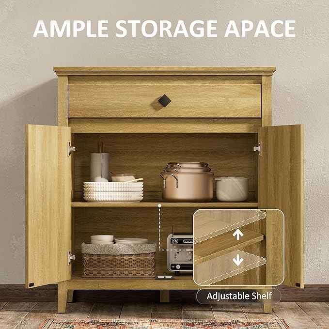 32'' Buffet Cabinet with Storage, Sideboard Cabinet with Drawer and Adjustable Shelf, Modern Accent Storage for Kitchen, Living Room, Entryway, Natural