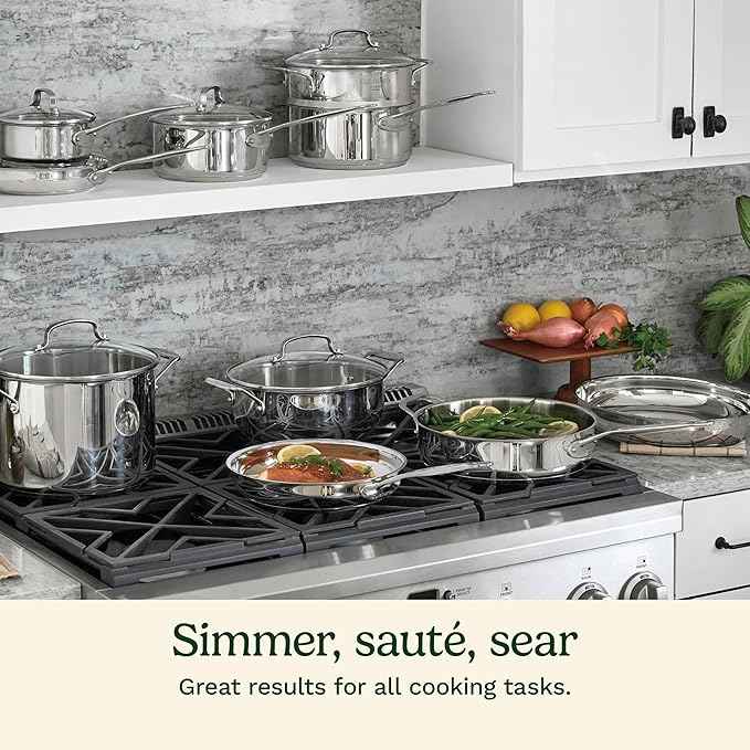 Cuisinart 17-Piece Stainless Steel Cookware Set, Chef's Classic Steel Collection with Pure Aluminum Core for Quick and Even Heat, Cool Grip Handles, Dishwasher Safe, 77-17N