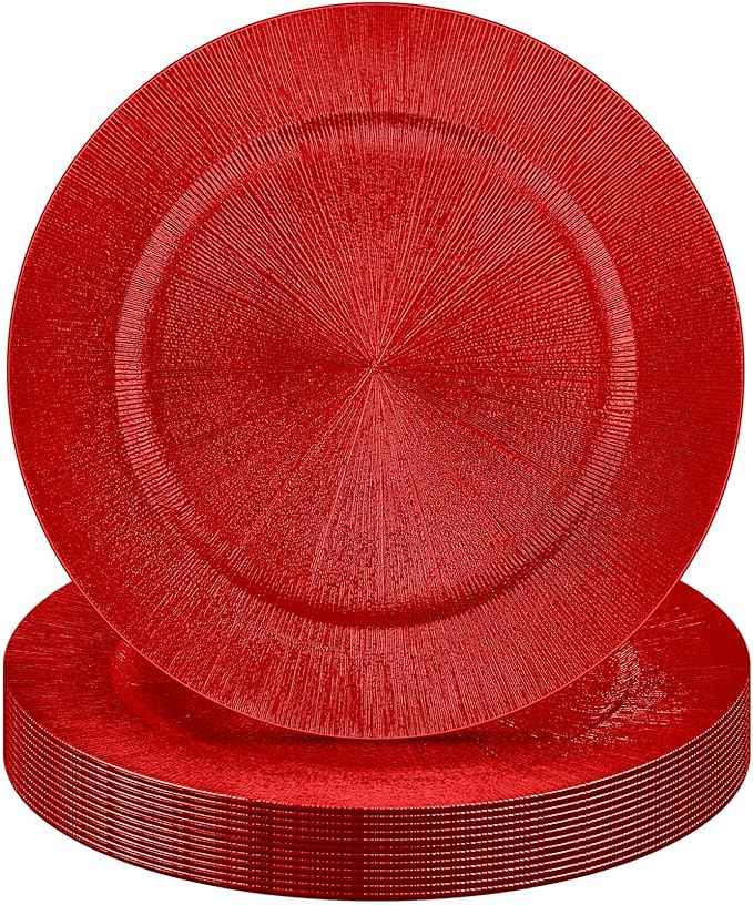 Tanlade 12 Pcs Charger Plates Bulk 13 Inch Plastic Round Wedding Chargers Floral Decorative Plates with Metallic Ruffled Rim for Wedding Party, Holiday Event Supplies(Red)