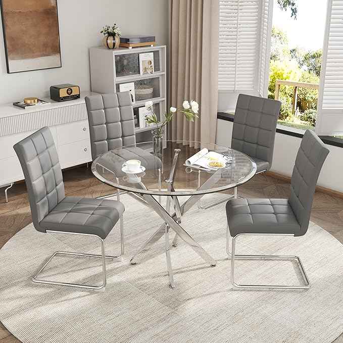 AF ARTISAN FURNITURE 5 Piece Round Glass Dining Table Set, Silver Glass Kitchen Table Set for 4 Modern Table Set with 4 Grey PU Upholstered Dining Chairs, for Small Space, Breakfast Nook