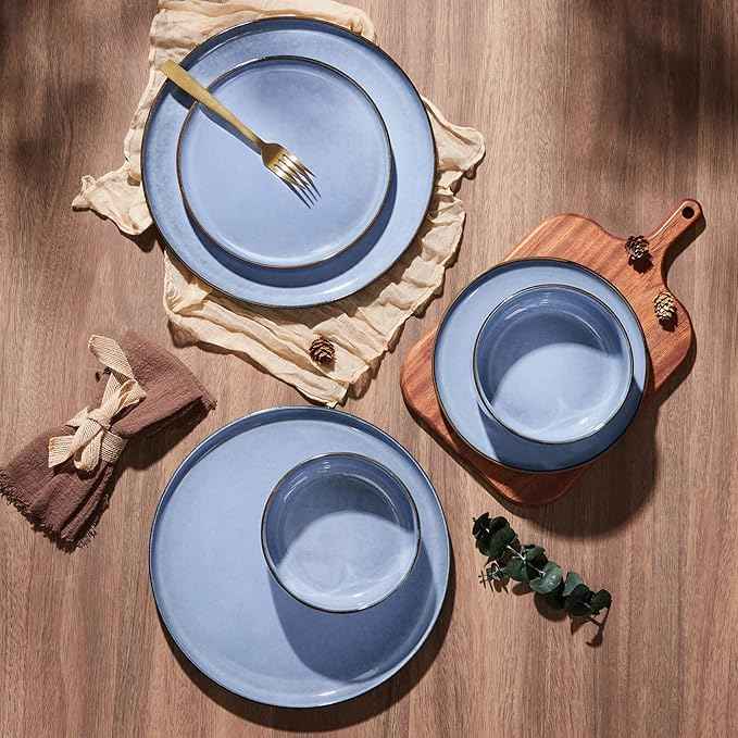 E-far Dinnerware Sets for 6, 18-Piece Plates and Bowls Set, Reactive Glaze Dishes, Stoneware Dinning Ware Set, Microwave & Dishwasher Safe - Ocean Blue