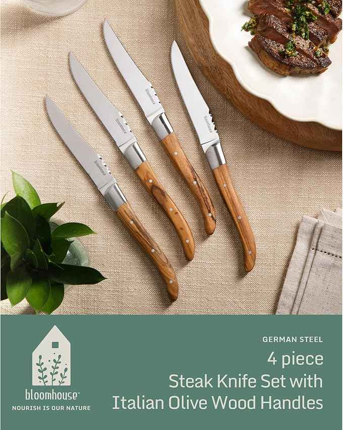 Bloomhouse 4-Piece German Stainless Steel Steak Knife Set – Premium Olive Wood Handle Steak Knives, Full-Tang Blades for Dining