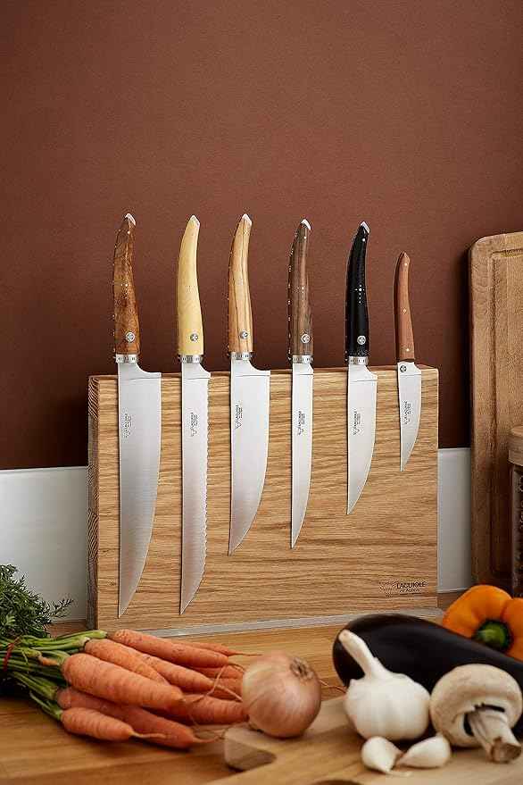 Laguiole en Aubrac Cuisine Gourmet Stainless Fully Forged Steel Made In France Complete 7 Piece Premium Kitchen Knife Magnetic Block Set With Mixed Wood Handles