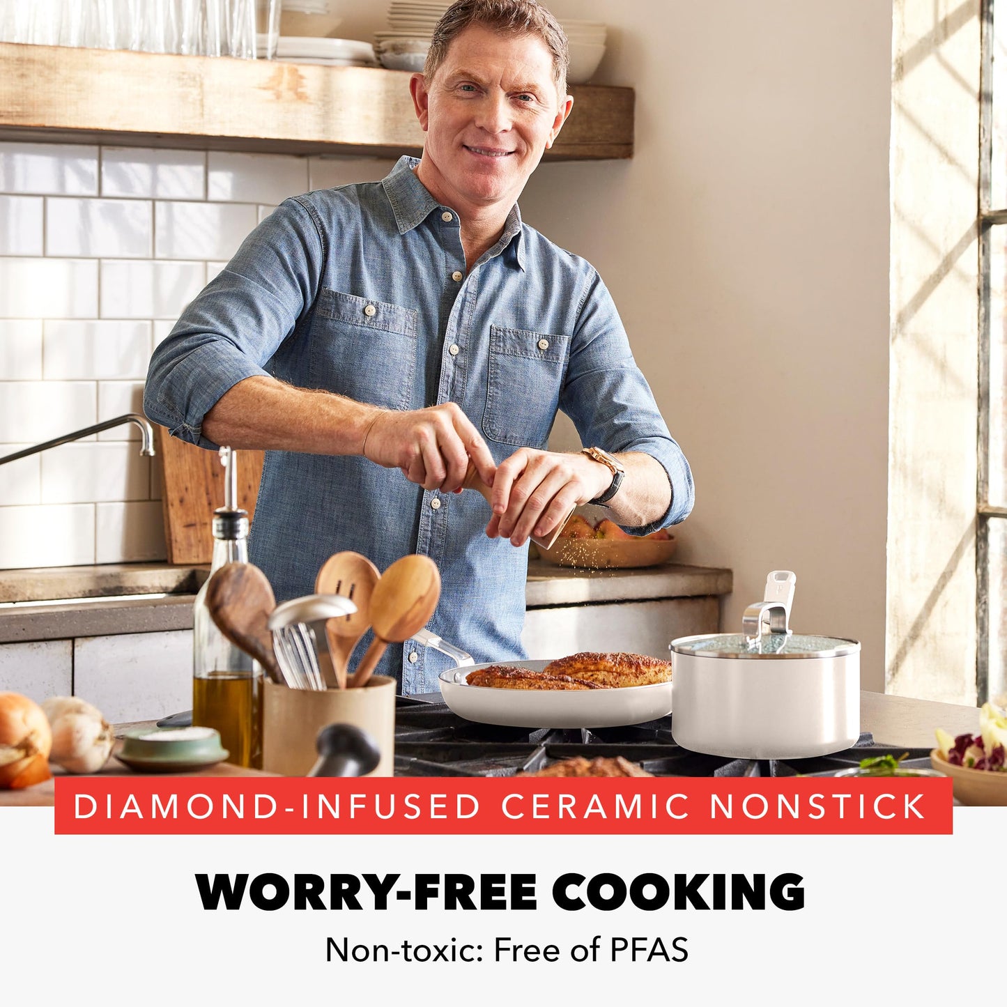 X Bobby Flay 16 Piece Ceramic Nonstick Cookware Set (16 Piece Cookware Set / Cream)