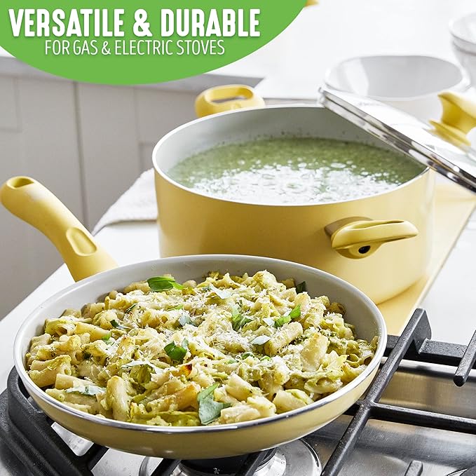GreenLife Soft Grip Healthy Ceramic Nonstick 15 Piece Kitchen Cookware Pots and Frying Sauce Saute Pans Set, PFAS-Free with Kitchen Utensils and Lid, Dishwasher Safe, Yellow