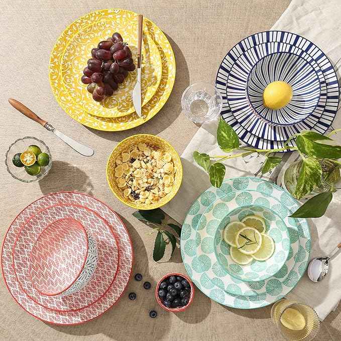 Selamica Ceramic Dinnerware Sets, 12-Pieces Plates and Bowls Sets, Scratch Resistant Dishes set for 4, Dishwasher & Microwave Safe, Assorted Colors