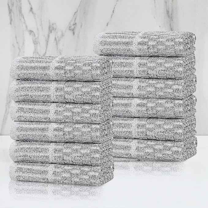 Superior Juno Viscose Cotton Blend Medium Weight Small Towels, for Kitchen, Bathroom, Shower, Spa, Plush, Quick Dry, Ultra-Soft Essentials, Border Detail, Face Towels Washcloths, Set of 12, Charcoal