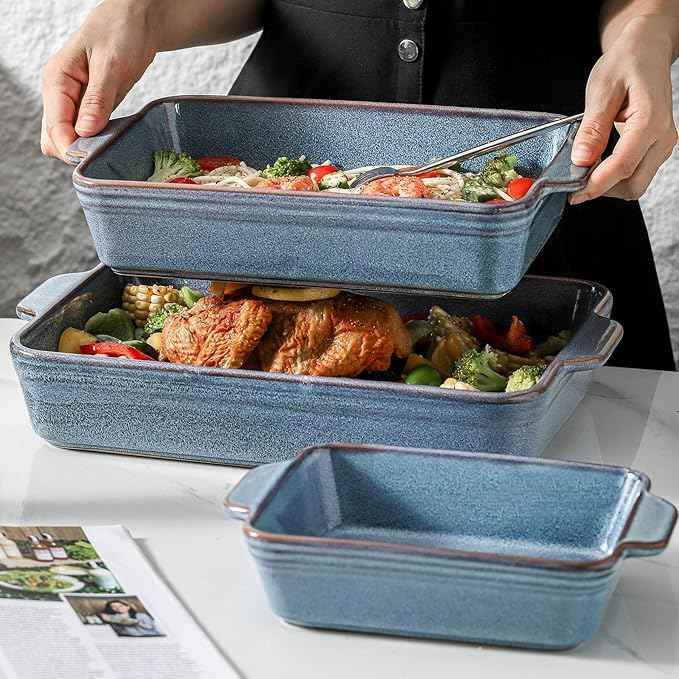 HVH 9x13 Baking Dish Set, Large Casserole Dishes for Oven, Ceramic Bakeware Set of 3, Rectangular Lasagne Pan Deep for Baking (Wabi sabi)