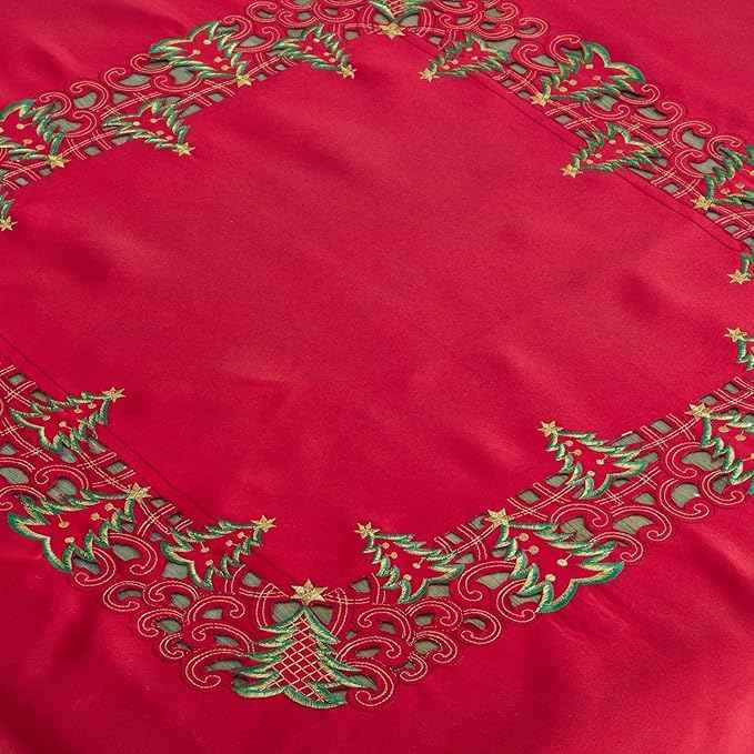 Fennco Styles Holiday Embroidered Christmas Tree Cutwork Border 67 x 120 Inch Tablecloth – Red Table Cloth for Christmas Dinner, Family Gathering, and Home Décor