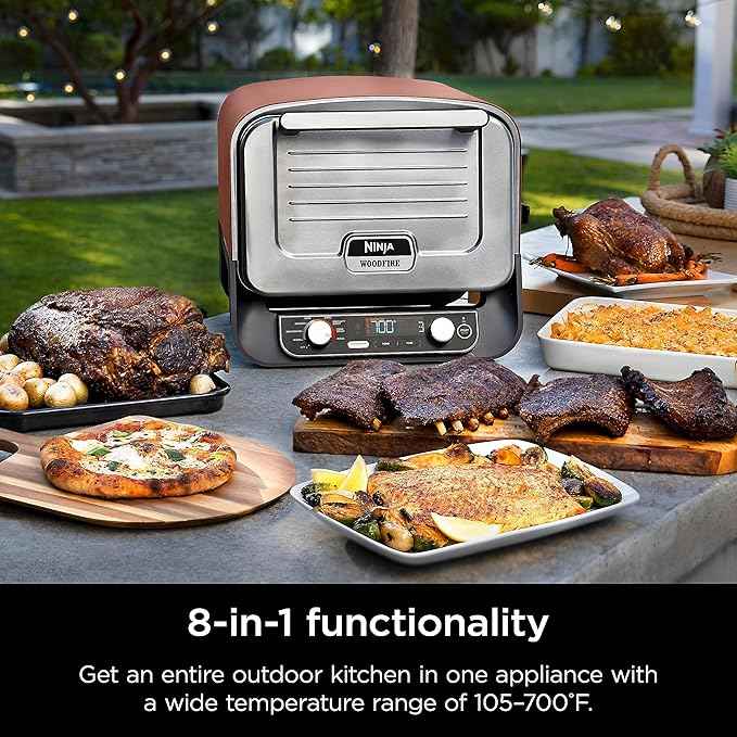 Ninja Woodfire Outdoor Pizza Oven, 8-in-1 Portable Electric Roaster Oven, Heats up to 700°F, 5 Artisan Pizza Settings, Integrated BBQ Smoker Box, Includes Flavored Wood Pellets, Terracotta Red