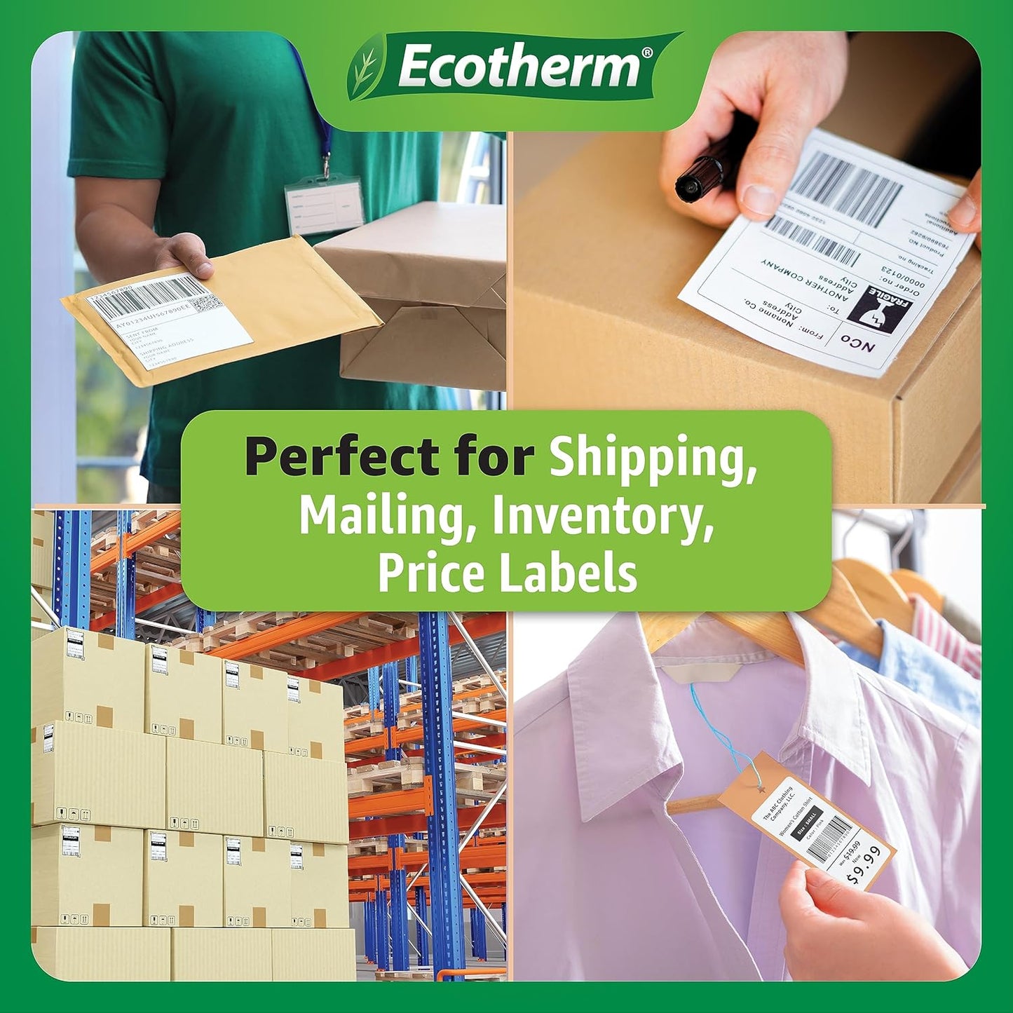 2.25" x 3" Thermal Labels | 4 Rolls | 2100 Labels | fits Zebra, Munbyn, Rollo, Godex, Arkscan, iDPRT, Offnova Thermal Label Printers and More | Blank White Adhesive Stickers by Ecotherm