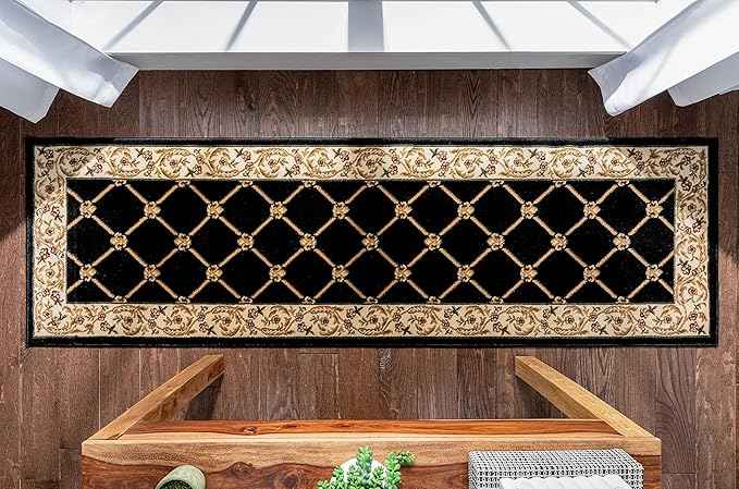 Patrician Trellis Black French European Formal Traditional 3x12 (2'7" x 12') Runner Rug Stain/Fade Resistant Contemporary Floral Thick Soft Plush Hallway Entryway Living Dining Room Area Rug