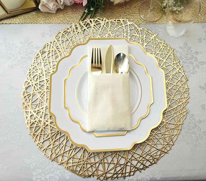 " OCCASIONS " 200 Piece set (25 Guests)-Wedding Plastic Plates & cutlery -Disposable heavyweight Dinnerware 10.5'', 8'' + Silverware + Cups + Napkins (Imperial White & Gold)