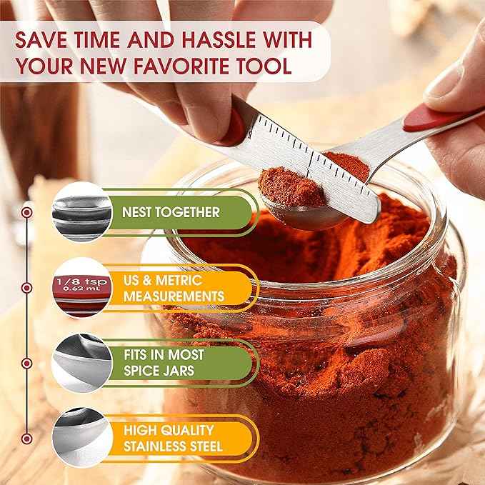 Spring Chef Red Stainless Steel Magnetic Measuring Spoons Set of 8 with Leveler, Dual Sided Nesting Teaspoon & Tablespoon Measuring Spoons, Kitchen Gadgets for Baking & Cooking, Fits in Spice Jars
