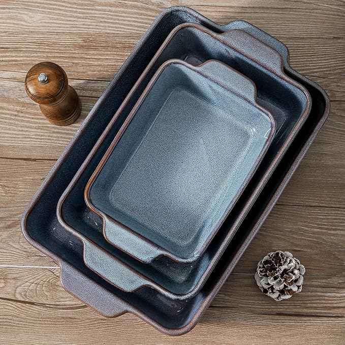 HVH 9x13 Baking Dish Set, Large Casserole Dishes for Oven, Ceramic Bakeware Set of 3, Rectangular Lasagne Pan Deep for Baking (Wabi sabi)