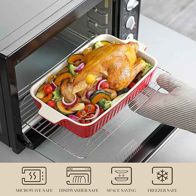 Bakeware Set of 4, MALACASA Porcelain Baking Pans Set for Oven, Casserole Dish, Ceramic Rectangular Baking Dish Lasagna Pans for Cooking Cake Pie Dinner Kitchen, Red (9.5"/11.25"/12.75"/14.5")