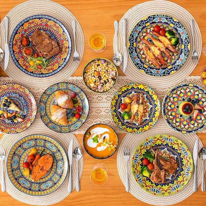 vancasso Plates and Bowls Sets,12-Piece Porcelain Dinnerware Set Service for 4, Bohemian Style Dishes Set for 4, Kitchen Dinner Set, Microwave and Dishwasher Safe, Scratch Resistant, Series KRVI