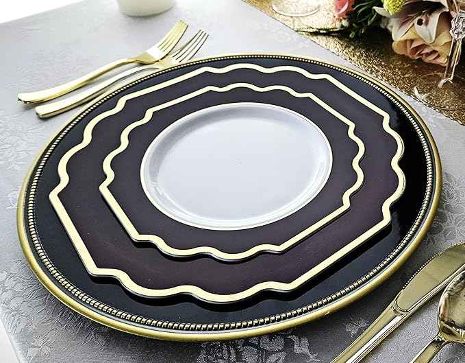 " OCCASIONS " 200 Piece set (25 Guests)-Wedding Plastic Plates & cutlery -Disposable heavyweight Dinnerware 10.5'', 8''+Silverware + Cups + Napkins (Imperial in White & Black & Gold)