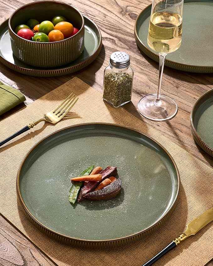 Stoneware Dinnerware Sets, Handcrafted Double Reactive Glaze Plates and Bowls for Everyday & Formal Dining, Microwave & Dishwasher Safe, Scratch Resistant Dishes Service for 4 (12-Piece), Moss
