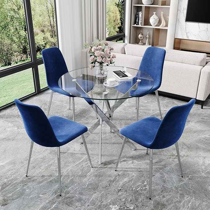AF ARTISAN FURNITURE 36" Round Glass Dining Table Set for 4, 5-Piece Modern Kitchen Table with 4 Blue Scoop Velvet Chairs, Modern Circle Leisure Table for Home Office Dining Room (Silver Leg)