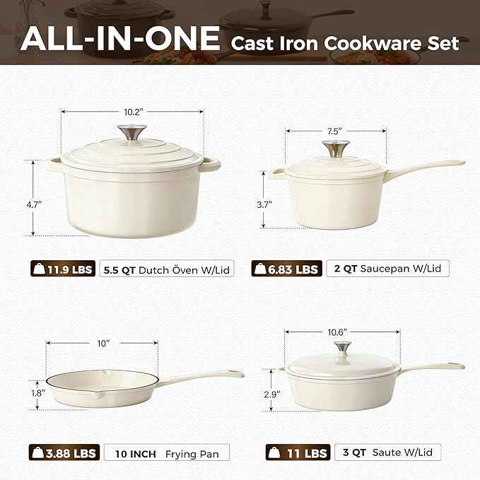 Kitchen Academy Enameled Cast Iron Cookware Sets - 7Pcs Pots and Pans Set Non Toxic, Induction Cooking Pots Set, PFOA&PFAS Free(Beige)
