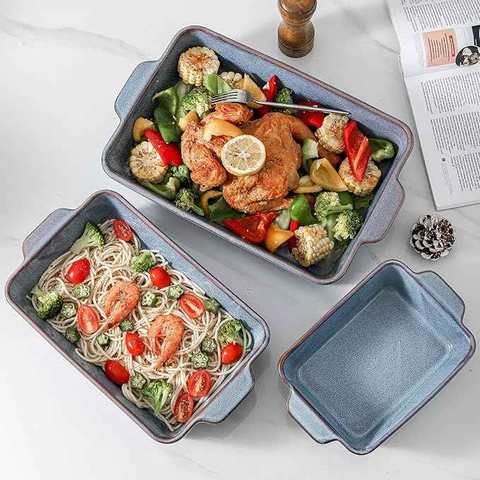 HVH 9x13 Baking Dish Set, Large Casserole Dishes for Oven, Ceramic Bakeware Set of 3, Rectangular Lasagne Pan Deep for Baking (Wabi sabi)