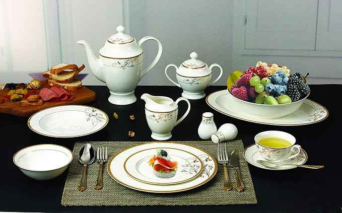 Lorren Home Trends La Luna Bone China 57-Piece 24K Gold Floral Design Dinnerware Set, Service for 8