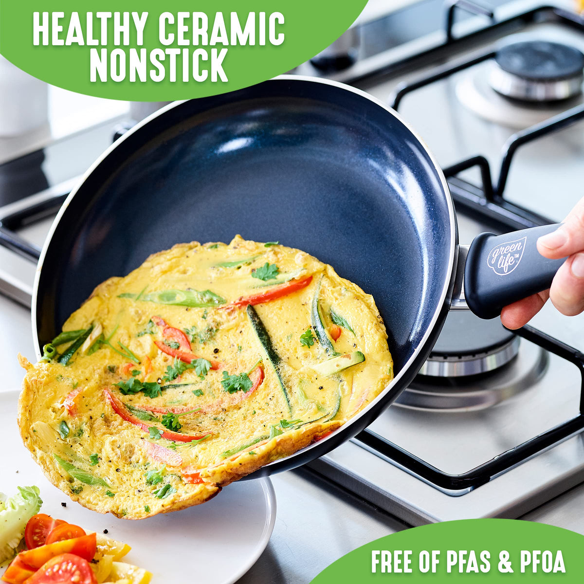 Soft Grip Healthy Ceramic Nonstick 12 Piece Kitchen Cookware Pots and Frying Sauce Saute Pans Set (12 Piece Cookware Set / Black)