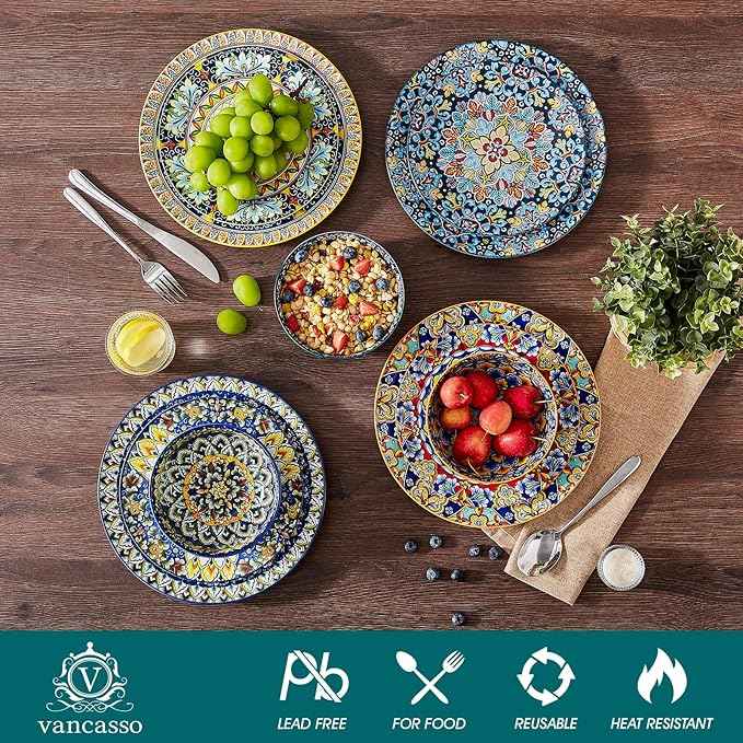 vancasso 18 Pieces Dinnerware Sets, Plates and Bowls Set, Porcelain Dishes Set for 6, Microwave and Dishwasher Safe, Scratch Resistant, Bohemian Style Dining Ware Service for 6, Series SIMI