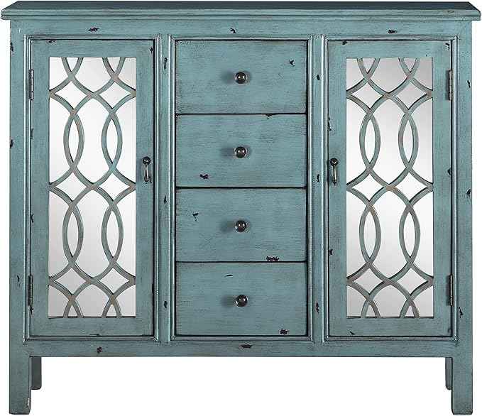 Coaster Home Furnishings - Rue - 4-Drawer Wood Accent Cabinet with Farmhouse Style, Trellis Pattern, Doors & Shelves - Living Room, Entryway & Home Kitchen - Blue - 950736
