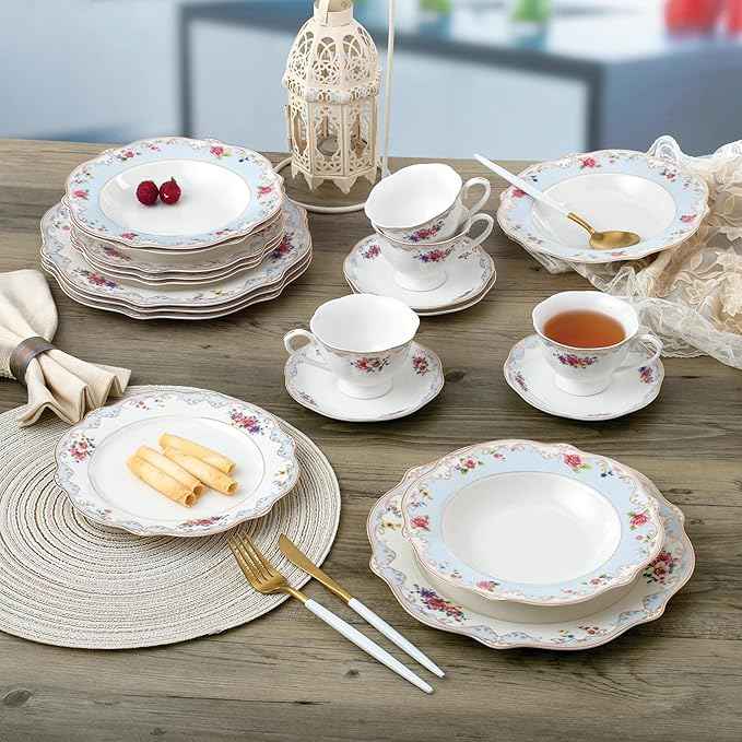 Joseph Sedgh Collection "Romantic Bloom" 20-Piece Bone China Dinnerware Set, Service for 4, Floral with Blue and Gold Trim