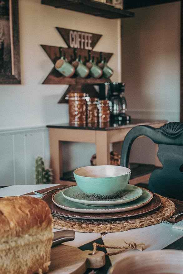 Paseo Road Patina Turquoise 16 Piece Ceramic Southwestern Rustic Cabin Dinnerware Set with Plates, Bowls and Mugs