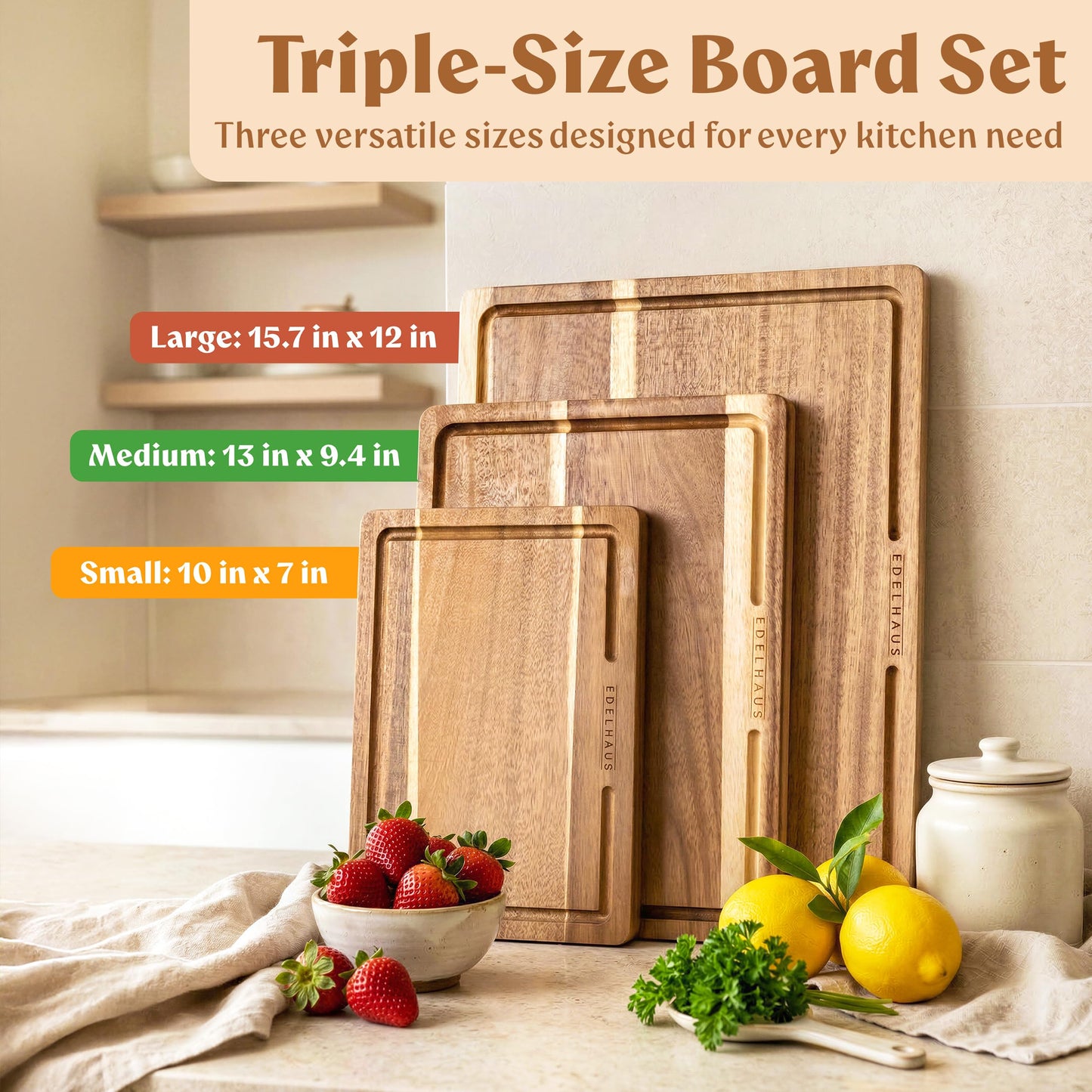 Acacia Wood Cutting Boards for Kitchen Set of 3 (Acacia Double Sided)